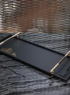 现代新中式铁艺托盘家居收纳金属几何玄关桌面手提装饰托盘摆件