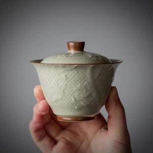 蜜合釉刻花玉兰花陶瓷盖碗茶杯单个泡茶器家用二才功夫茶碗不烫手