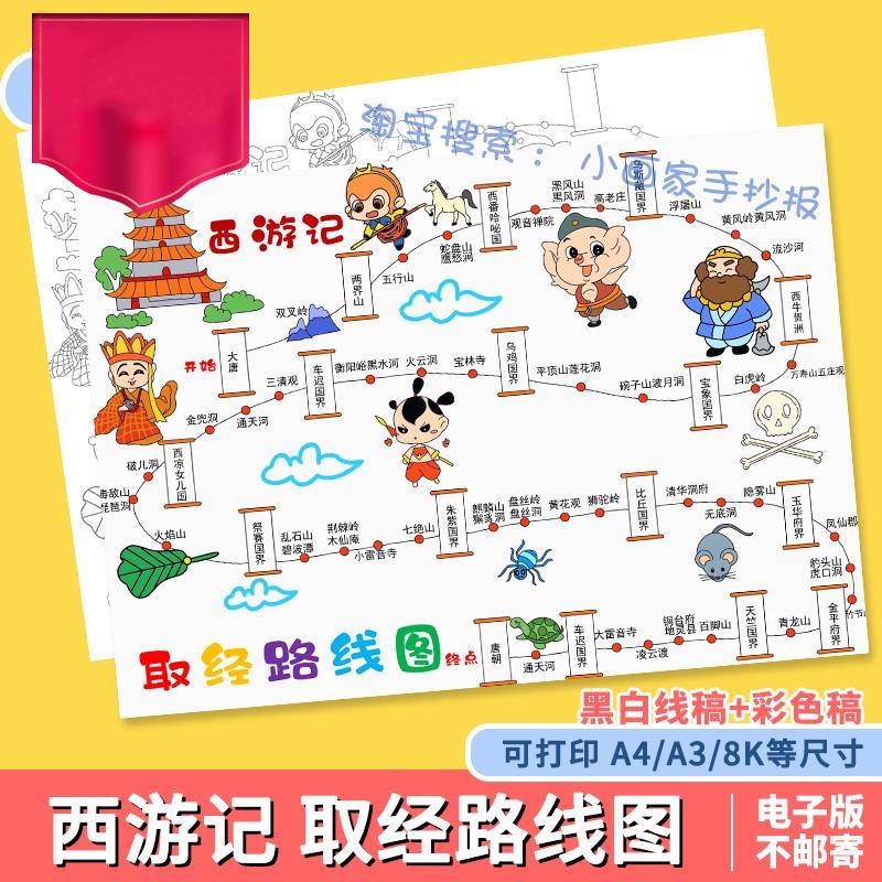 西游记取经路线图思维导图手抄报模板儿童绘画四大名著小报电子版