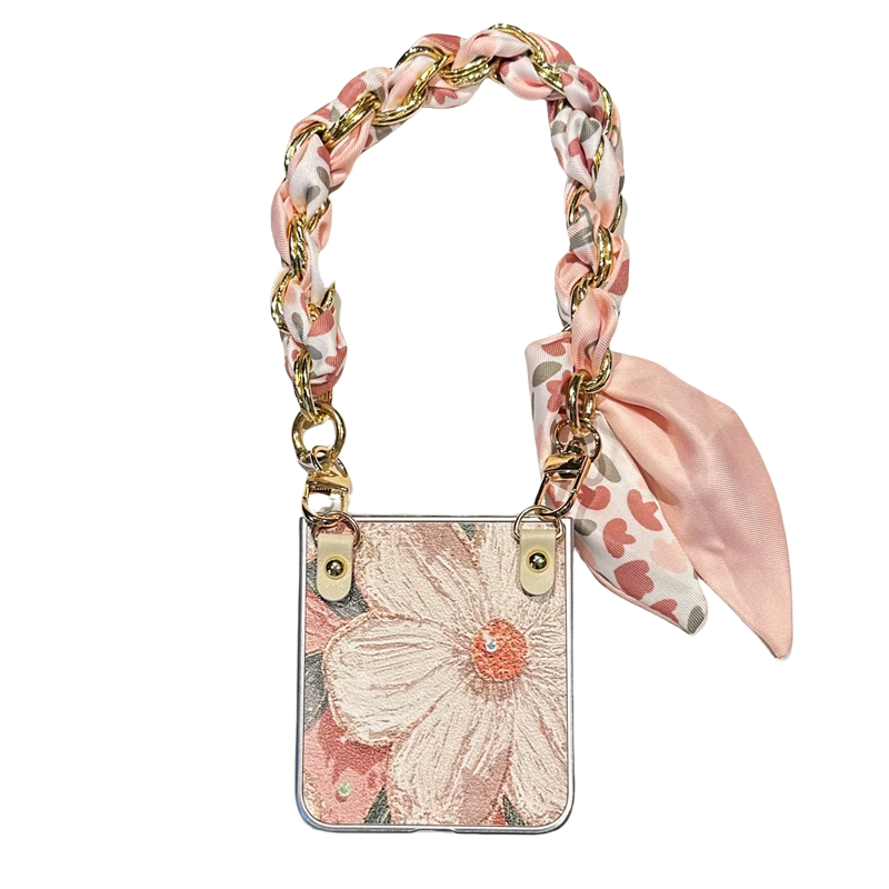 油画花折叠手机壳斜挎挂绳