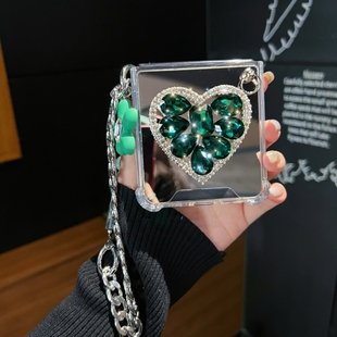 悦皇镶钻爱心绿支架适用于OPPO FindN2Flip手机壳oppo折叠屏find n2 flip补妆镜子手提链女气囊防摔保护套绳