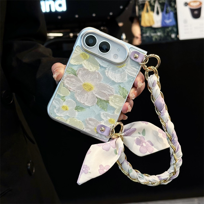 悦皇适用于iPhone Duo阔折叠手机壳油画紫朵大花苹果Duo斜挎挂绳手提丝巾iPhoneDuo翻盖皮纹保护套带前框新款