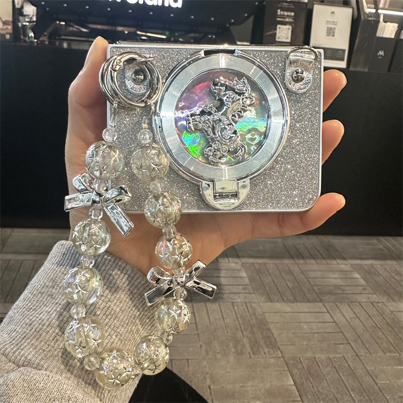 悦皇闪粉银转盘马支架适用于华为Purax折叠手机壳pocket2斜挎挂绳手提珠链novaflipS翻盖防摔奢华p50宝盒外壳