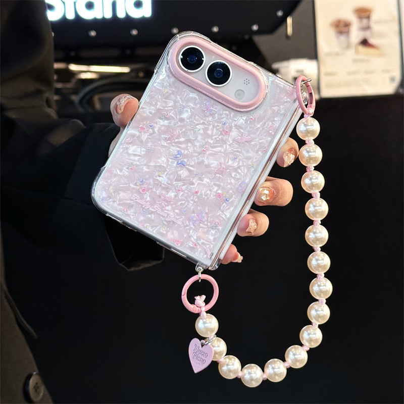 悦皇适用于iPhone Duo折叠屏手机壳贝壳纹粉花蝴蝶斜挎绳手提珠苹果Duo翻盖防摔保护套全包磁吸中轴前框dou新
