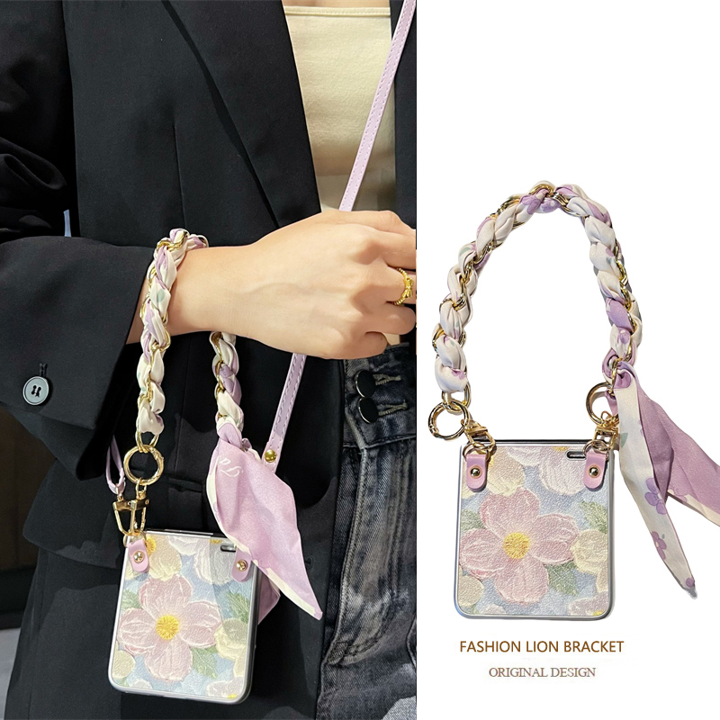 油画紫色花折叠手机壳斜挎挂绳