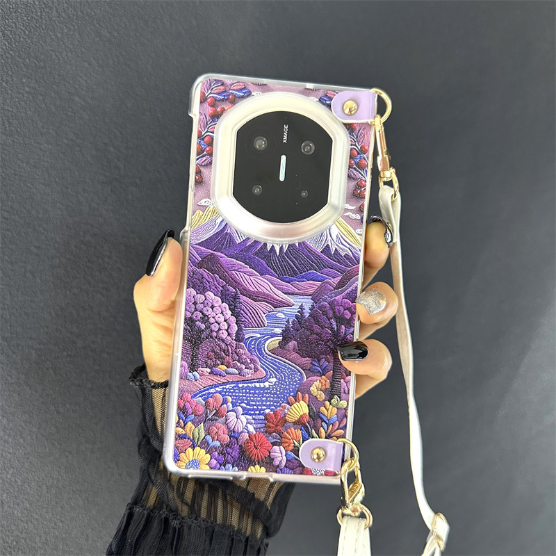 油画山河花图手机壳斜挎挂绳手提