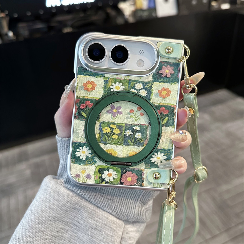 悦皇适用于iPhone Duo阔折叠手机壳油画清新方格花草苹果Duo翻盖防摔旋转支架保护套斜挎挂绳手提珠Duo新款壳