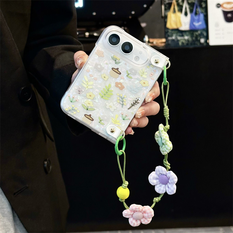悦皇清新贝壳碎花草适用于iPhone Duo折叠屏手机壳带前框苹果Duo翻盖防摔奢华保护套斜跨挂绳花朵手提Dou新款