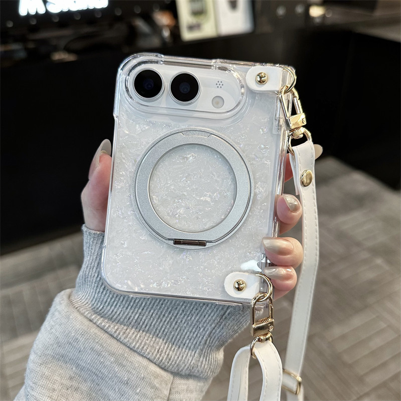 悦皇鎏金贝壳旋转支架适用于iPhone Duo折叠手机壳全包中轴前框苹果Duo翻盖防摔轻奢风保护套斜挎绳手提链dou