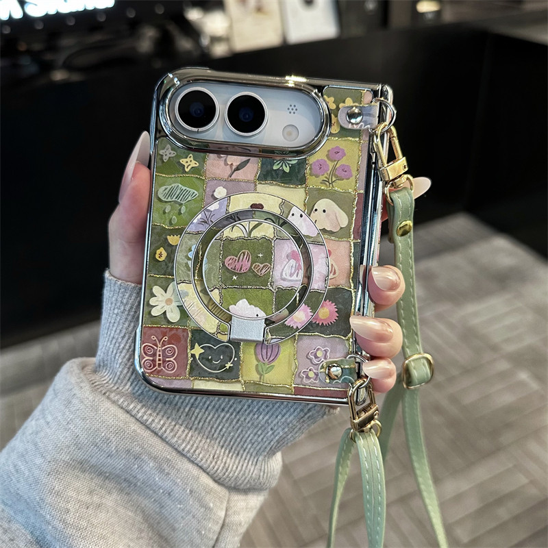 悦皇适用于iPhone Duo阔折叠手机壳全包侧边中轴前框苹果Duo油画清新花草斜挎绳手提烫金磁吸支架保护套dou新