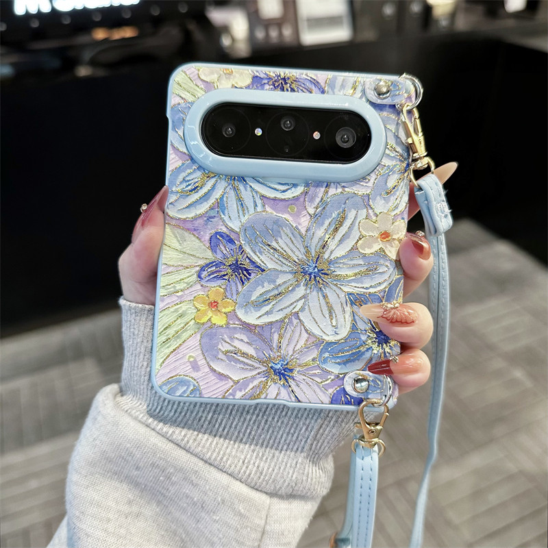 烫金油画碎蓝花折叠手机壳