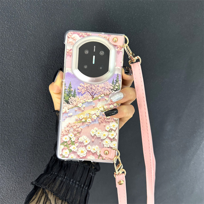 油画花小清新折叠手机壳斜挎挂绳
