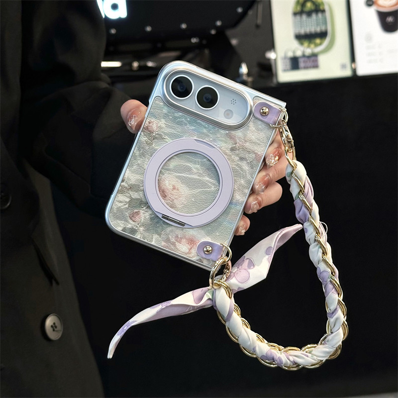 悦皇油画水滴玫瑰花适用于iPhone Duo阔折叠手机壳带前框斜挎挂绳丝巾手提苹果Duo翻盖旋转支架保护套Duo新款