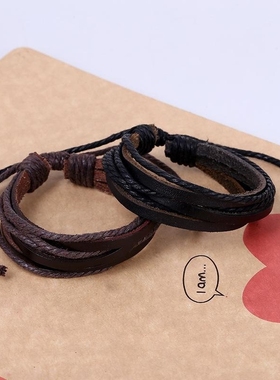 皮革绳手工皮绳饰品挂绳皮革简约波西米亚风手链项链编织多层手链