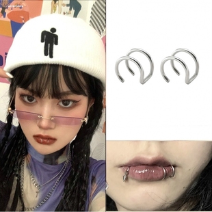 唇钉假无洞免打孔獠牙唇夹无洞假唇环吸血鬼小恶魔尖牙假唇钉朋克