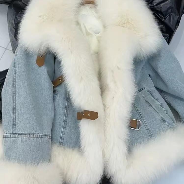 高端韩系羽绒服毛领蓝色牛仔外套女冬季夹绒加厚保暖皮草毛绒大衣