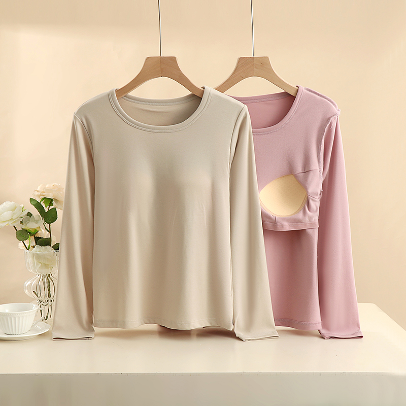 女带胸垫圆领薄款保暖打底衫