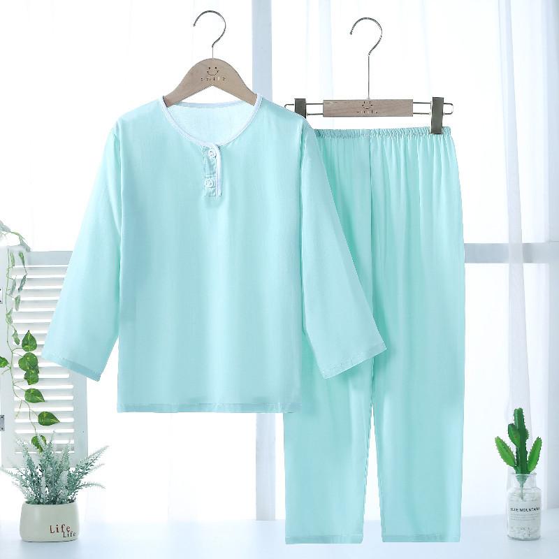 夏季儿童绵绸睡衣男童女童铜绸宝宝小孩东方绸家居服长袖薄稠春