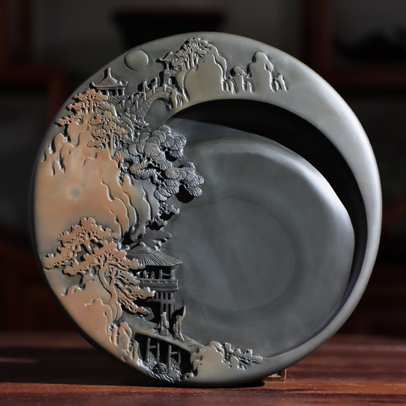 国家非遗 歙砚水坑金晕俏色雕刻指日高升孤品砚 名师精品原石砚台文房四宝摆件礼品天然整块砚石非端砚