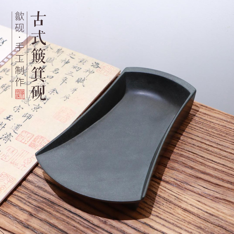 古式歙砚龙尾山济源坑青鱼子金花纹老坑砚台孤品一图一物文房四宝礼品书法书画