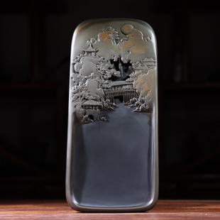 国家非遗 歙砚水坑金晕俏色雕刻溪山访友孤品砚 名师精品原石砚台文房四宝摆件礼品天然整块砚石非端砚