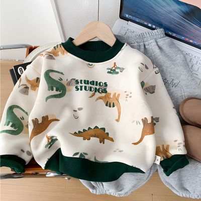 男童加绒卫衣秋冬洋气卡通恐龙打底衫2025新款儿童一体绒圆领上衣