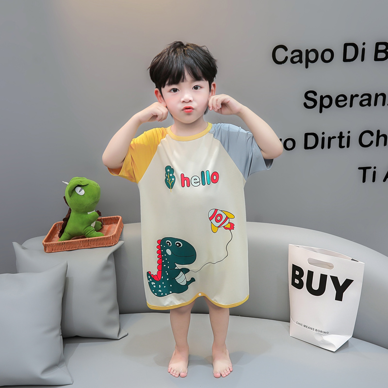 莫代尔夏款卡通恐龙连体睡衣家居服套装防着凉儿童睡袋防踢中小童