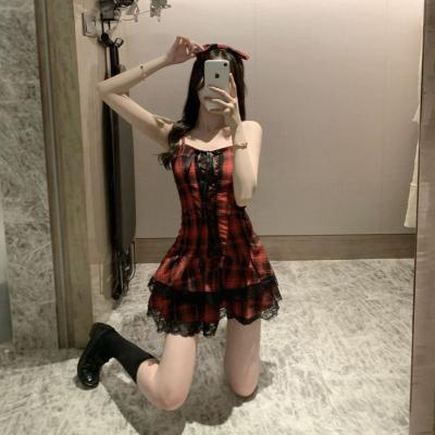 法式小个子连衣裙2020年夏季新款格子性感御姐风蕾丝吊带裙子女装