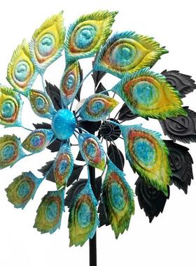 外贸欧美风能转动新款户外花园草坪插件彩绘孔雀花园铁艺金属风车