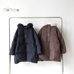 毛领连帽羽绒服女中长款牛角扣小个子保暖外套冬季新款