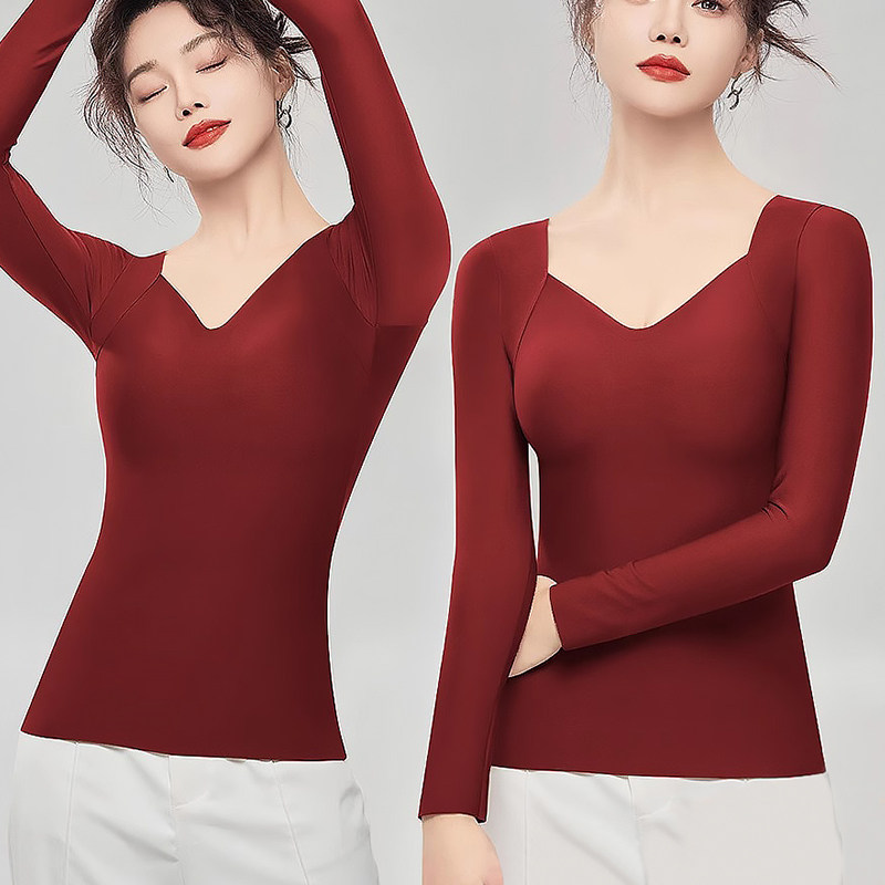 洁韵朵本命年红色长袖保暖内衣带胸垫内搭打底秋冬免穿文胸上衣女,女士内衣/男士内衣/家居服,保暖上装,淘宝优惠券,粉丝福利购,淘宝优惠卷