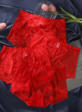 洁韵朵本命年红色女士内裤收腹纯棉裆中高腰蕾丝结婚礼物新年短裤