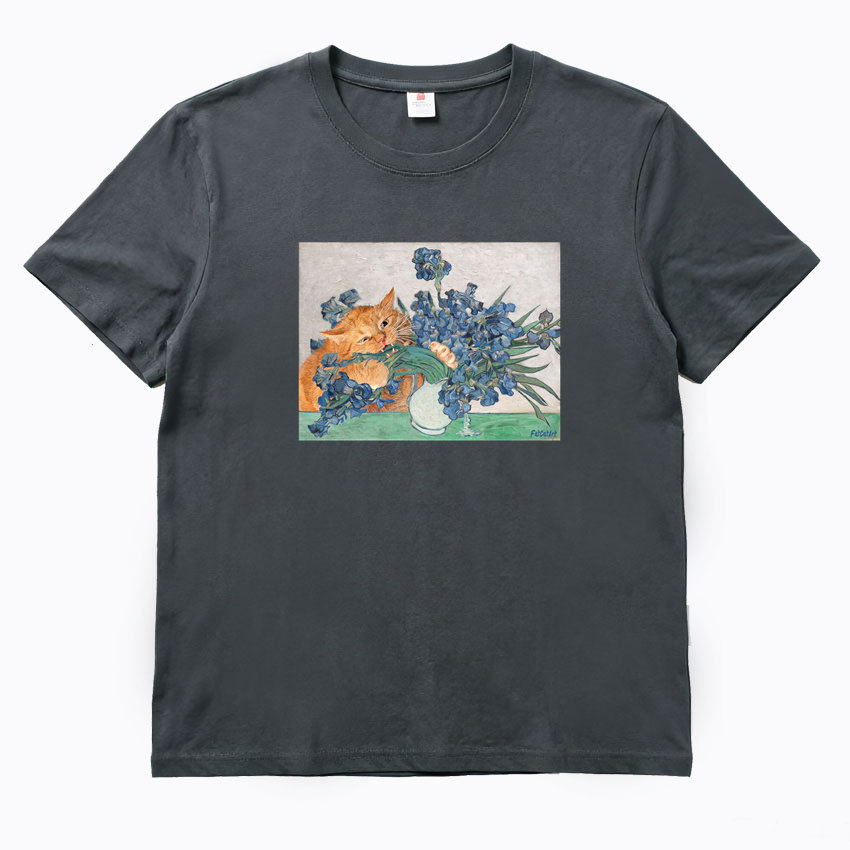 Van Gogh 欧美风梵高油画猫咪印花短袖T恤男女同款纯棉学生上衣