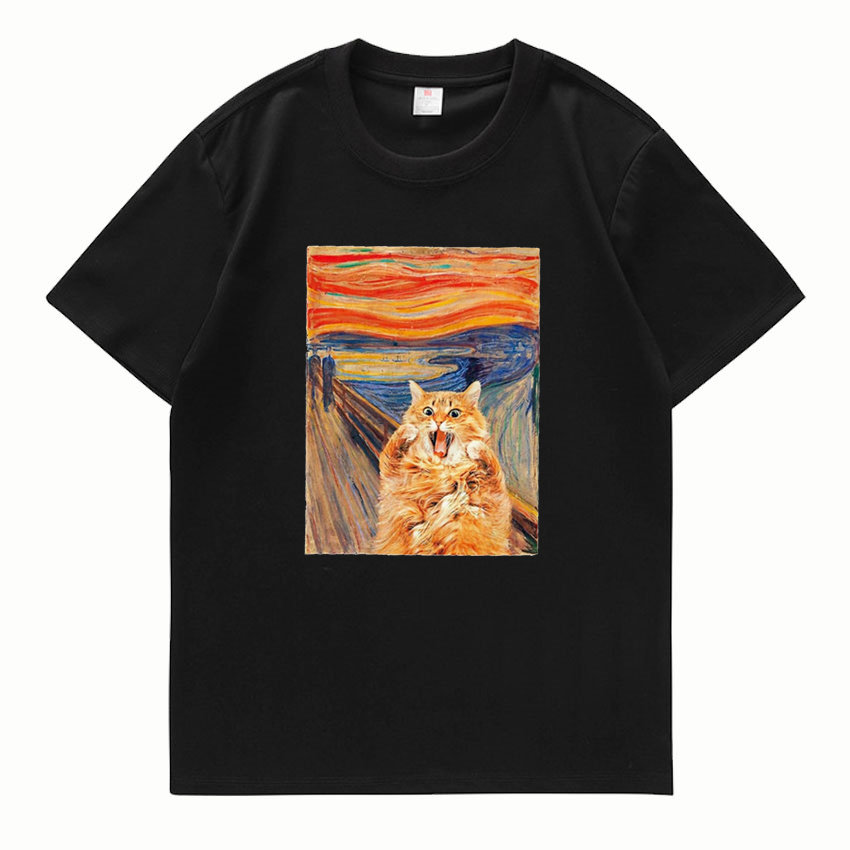Van Gogh欧美潮牌梵高猫咪T恤油画花花短袖圆领男女通款T恤衫