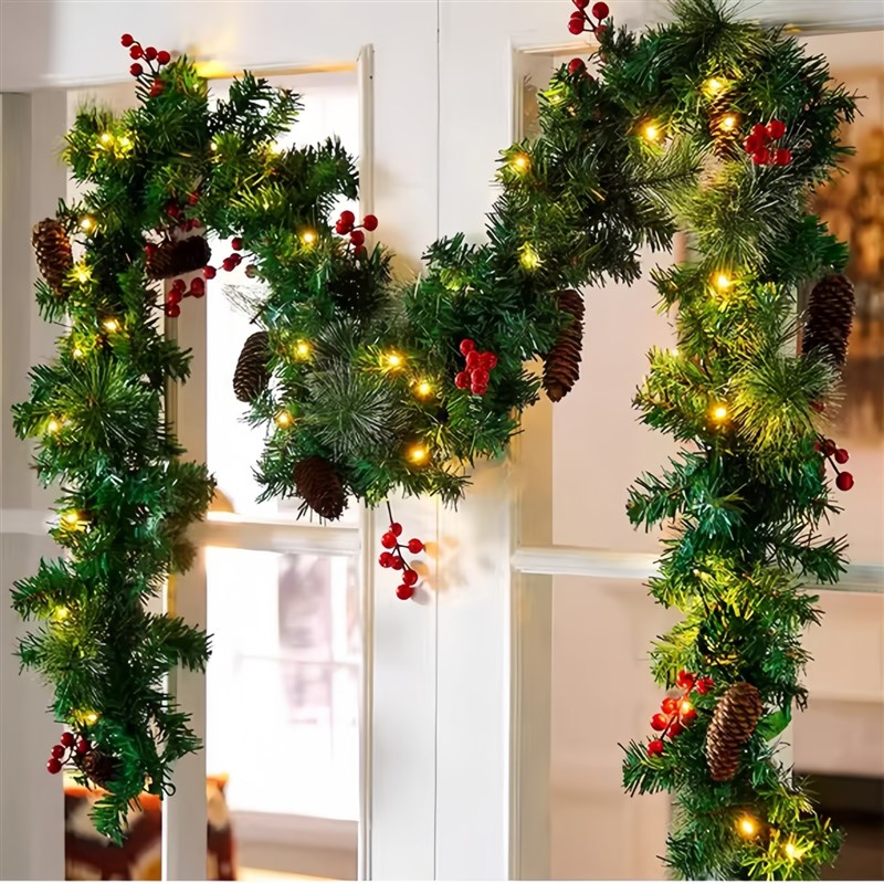 圣诞藤条带彩灯圣诞节商场布置酒店楼梯扶手装饰挂件加密大花环