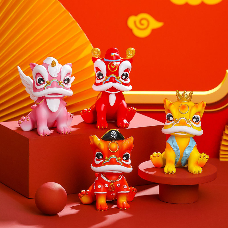 新年创意卡通醒狮小摆件狮头舞狮公仔国潮新中式客厅装饰家居饰品