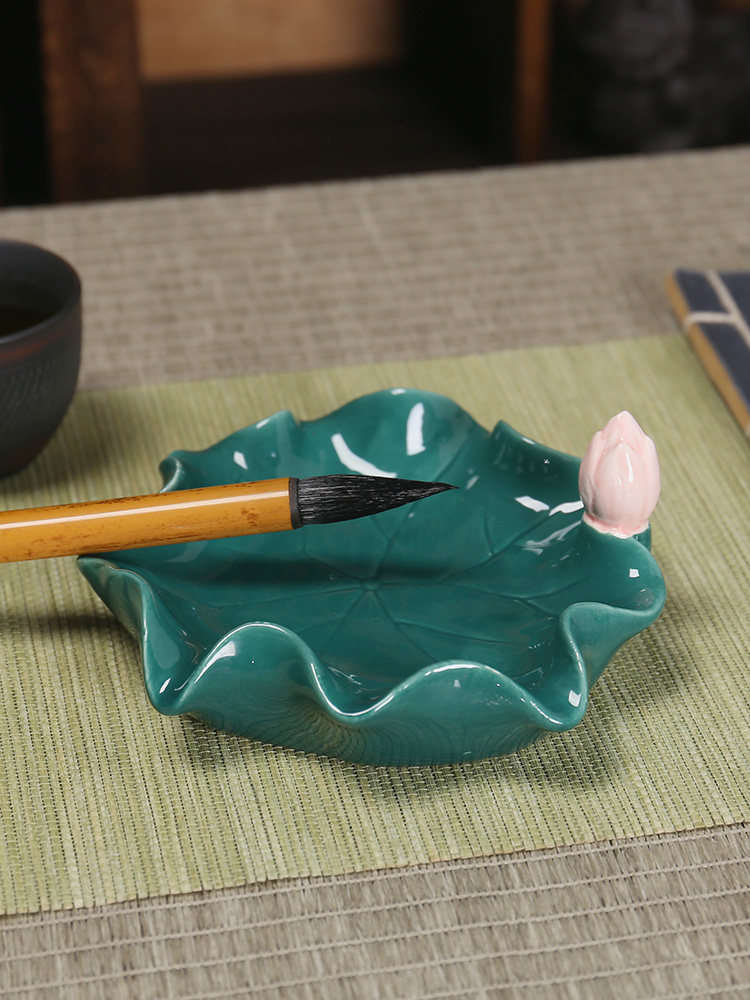 陶瓷荷叶小墨盘多功能砚台专用多功能笔架洗水盘墨盘墨池小学生书