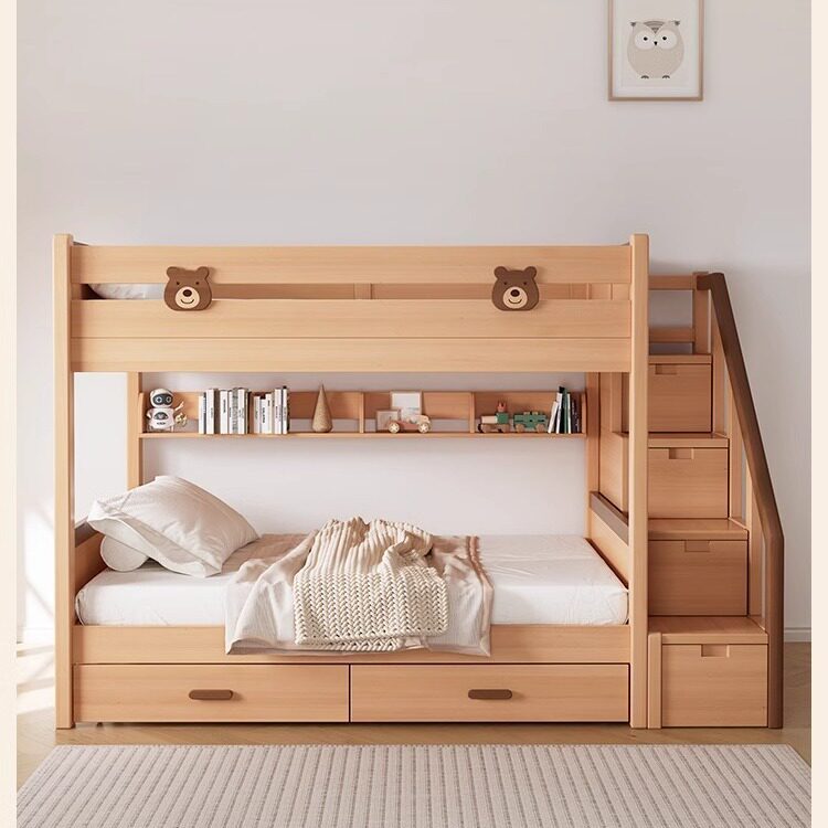 木月实木上下床带书架拖床子母床原木色儿童双层床带抽屉高低床