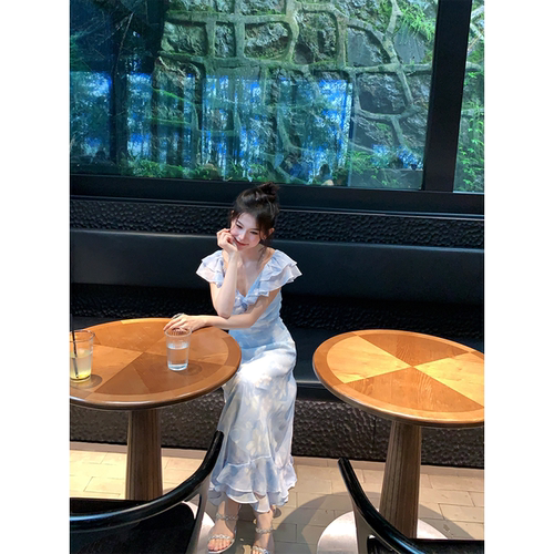 黄亮Elovey【浪漫少女】冰蓝长款清冷连衣裙收腰显瘦长裙B02-3