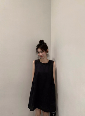 黄亮Elovey 1oo苎麻乖乖的黑色短款无袖连衣裙夏季气质显瘦A02-2