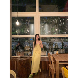 亚麻半裙两件套D02 天丝亚麻背心 夏日清凉显白套装 黄亮Elovey