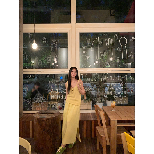 黄亮Elovey 夏日清凉显白套装 天丝亚麻背心+亚麻半裙两件套D02-1