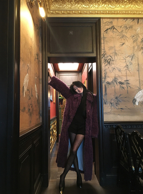 黄亮Elovey 自制款紫色长款环保毛毛外套女时尚气质百搭