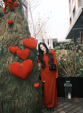 黄亮Elovey【1/11 20:00pm】巴黎红漂亮修身长款气质连衣裙