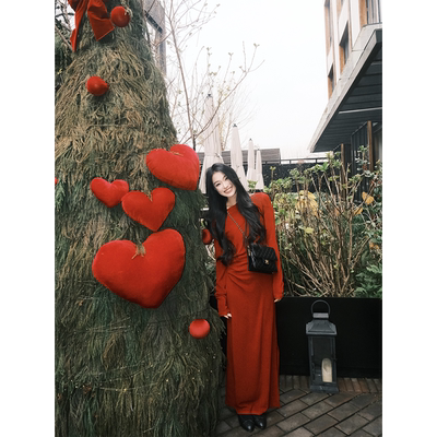 黄亮Elovey【1/11 20:00pm】巴黎红漂亮修身长款气质连衣裙