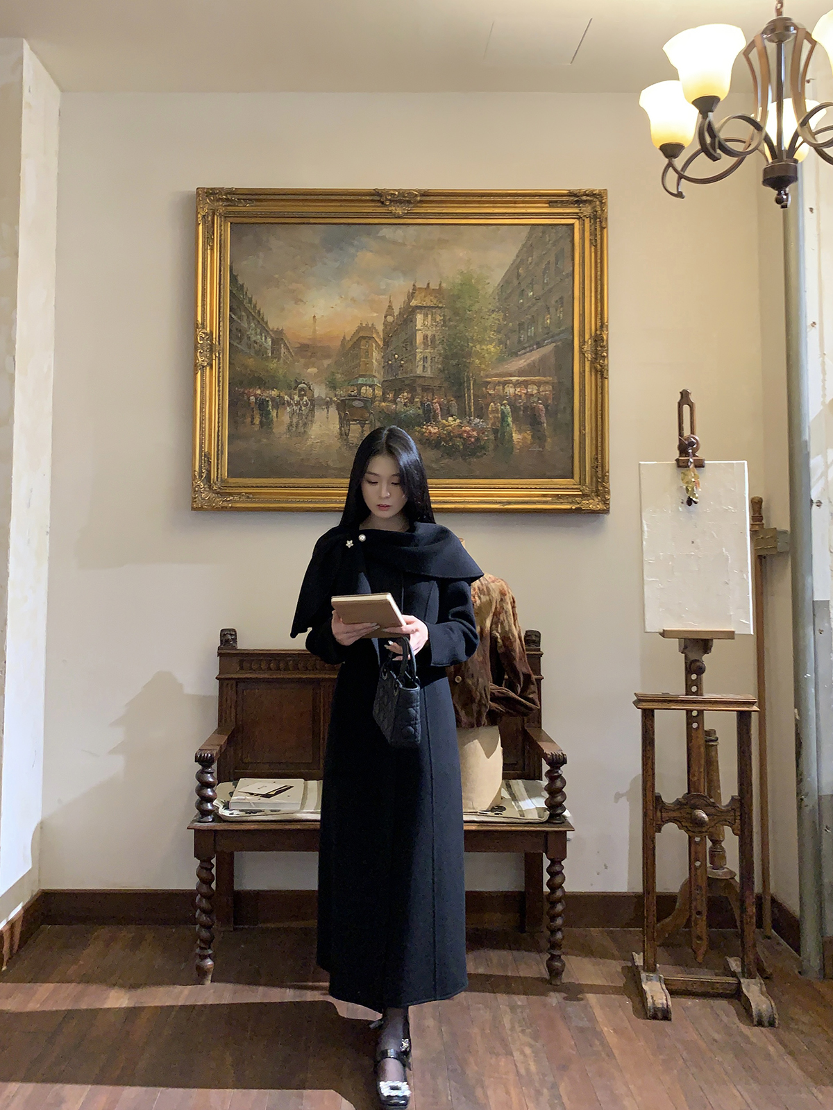 黄亮Elovey 小众设计含胸针腰带黑色羊毛双面呢大衣女冬季长款