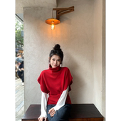 黄亮Elovey 100绵羊毛纸片人中高领蝙蝠袖 收腰毛衣马甲