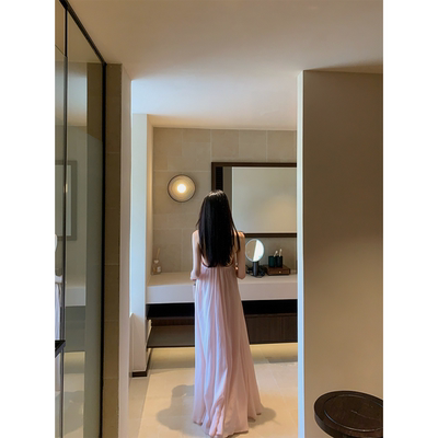 黄亮Elovey 淡淡粉嫩仙女裙-天丝吊带长款连衣裙春夏度假裙D01-1