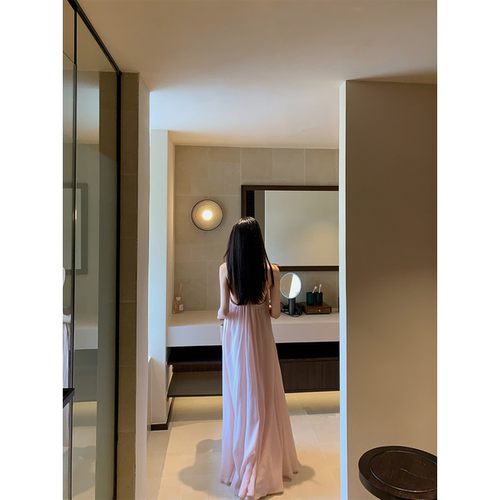 黄亮Elovey 淡淡粉嫩仙女裙-天丝吊带长款连衣裙春夏度假裙D01-1