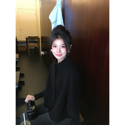 黄亮Elovey 细腻触感的全羊毛立领黑色双面呢斗篷外套女秋冬百搭